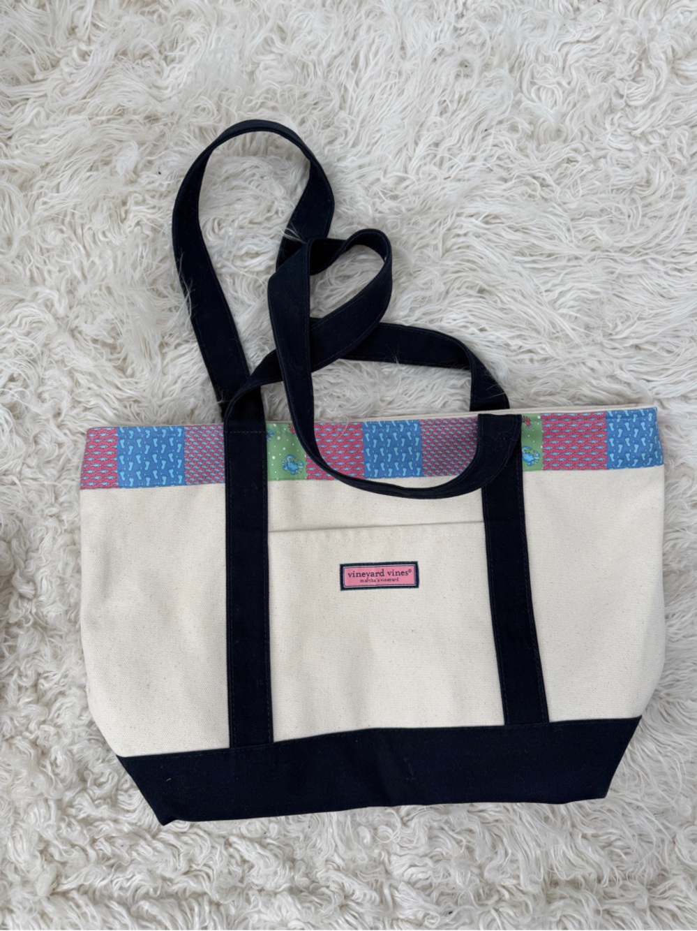 Vineyard Vines Cream Canvas Tote with Black Straps and Colorful Patch Trim NWT